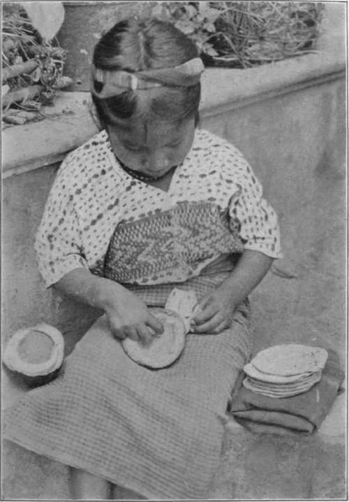 Plate II. Four or five tortillas (corn cakes) and a good sized avocado are considered a good meal by the Guatemala Indians.