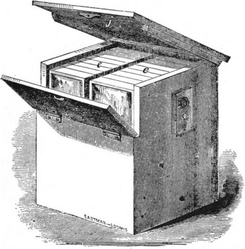 Comb honey sections such as above were first used by J. S. Harbison in his chamber hive.
