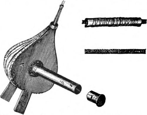 J. S. Harbison used this smoker with tube attached to ordinary hand bellows. The fuel was wrapped around a metal core and inserted in the tube.