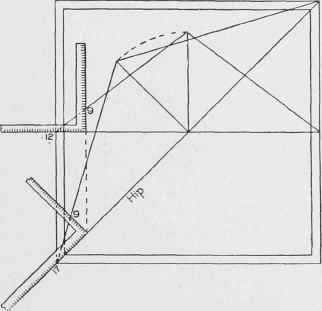 Fig. 11. Square Applied to Determine Relative Length of Run for Rafter and Hip.