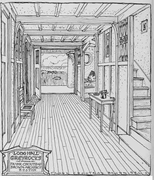 HALL AND PARTIALLY ENCLOSED STAIRCASE IN LONG HALL, GREYROCKS, ROCKPORT, MASS.