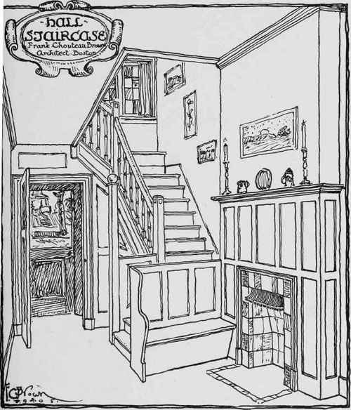 HALL AND STAIRCASE IN HOUSE AT WOLLASTON, MASS.