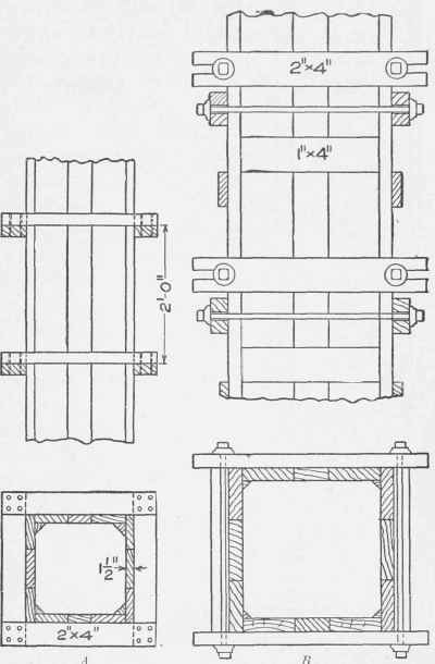 Fig. 154. Forms for Columns. .4 Common method of construction; B Method used in constructing Harvard Stadium.