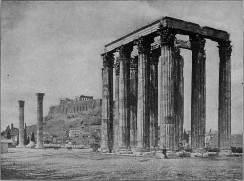 Remains of Corinthian Temple of Zeus, Athens. With distant view of the Acropolis.