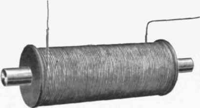 Fig 611. Electro magnet charcoal iron, each with a hole in its centre concentric with its circumference, which are slipped upon a steel shaft, and upon the periphery formed by these plates are laid the insulated copper wires forming the coils, which are to revolve between the poles of the magnet.