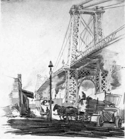 Pencil Sketch Of W1lliamsburgh Bridge, New York City. By Ernest Watson.