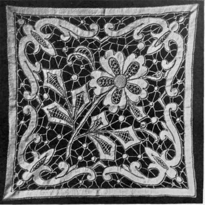 One of Nine Squares of a Bedspread, in the Old Punto Tagliato Style, with the Cut out Background. By Louisa A. Tebbs.