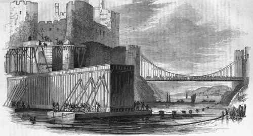 The iron tunnel or tubular bridge over the river conway, as it rested on the pontoons when about to be towed to its destination
