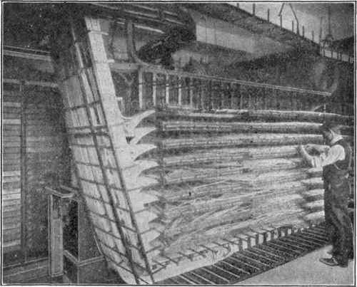 Fig. 96. Intermediate Distributing Frame. Showing subscribers' lines spread on racks. From the racks the lines run to the switchboard.