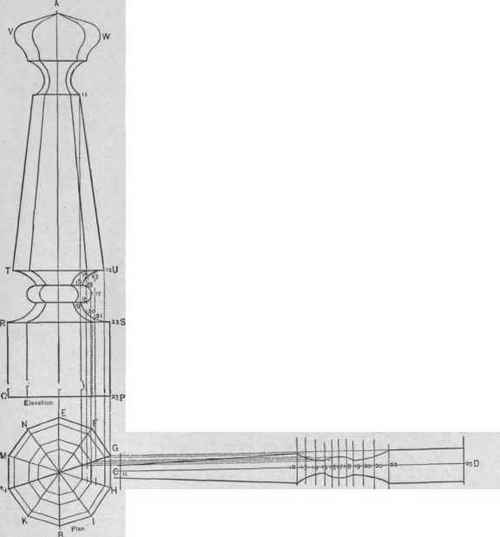 Fig. 298. The Patterns for a Newel Post, the Plan of which is a Decagon.