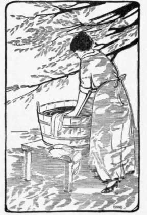 Fig. 110.   Mrs. Stark washing out of doors on a warm day. This is the old way. She has just bought a washing machine.