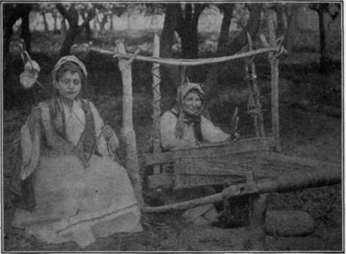 Fig. 44.   Another primitive loom and a girl spinning. The distaff with the wool for spinning is held under the girl's arm.