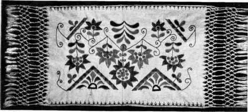 A Handsome Cushion. The side seams are hidden by the embroidery stitching, and the ends are fringed.
