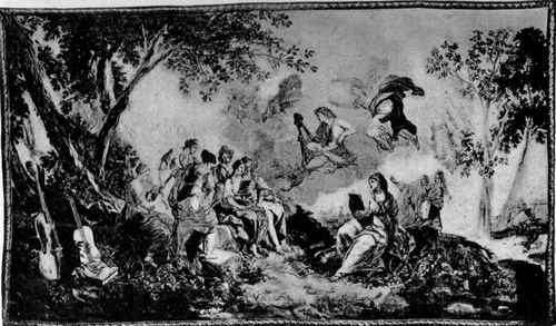Plate no. 103. Apollo and the Muses, an XVIII century tapestry in the Swedish Royal collection, signed with the Brussels mark and F.