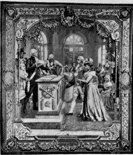 Plate no. 183. Two Modern Gobelin tapestries, the Arms of Bordeaux on the left, and the First Civil Marriage in France in 1792, on the right.