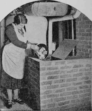 All the combustible waste of the household can be burned in this type of incinerator. At the left is shown how the brick walls are laid up after the first grate bars are in place.