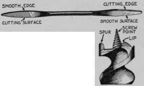 An auger bit file and the cutting end of a typical bit. showing screw point, spurs, and lips.