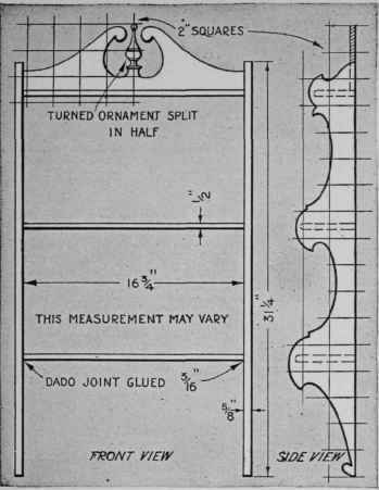Assembly drawing of the shelves with the curved outlines, which are to be enlarged by laying them out in 2 in. squares.
