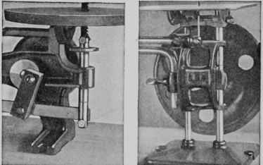Figs. 29 and 30. Two types of jig saw mechanisms. At the left is the crank motion and at the right the horizontal motion mechanism.