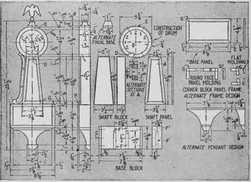Front and side views of a banjo clock case; construction of drum ; the shaft and base clocks; panels and moldings; base and pendant designs.