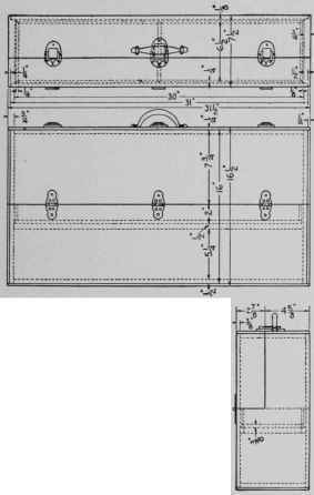 Front and top views of the tool case shown in Fig. 22 and, at the right, the end view. Oak is the most suitable wood to use.