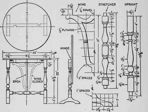 Front, top, and end views of the occasional table, and details of the uprights, feet, stretcher and wing.