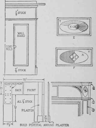 How the foundation work is erected, end view of the mantel, and two suggestions for central ornaments, which are built up like that in Fig. 19.