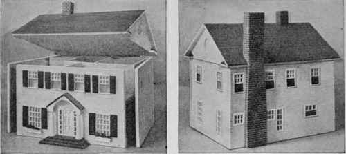 Left : Front view of the house showing how the roof section and the side walls are hinged to allow ready access to both upstairs and downstairs rooms. Right : A view of the house as seen from the rear.