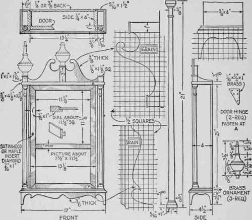 Measured drawings of a genuine Eli Terry pillar and scroll shelf clock made about 1814. The wood used is mahogany, except for a few hidden blocks.