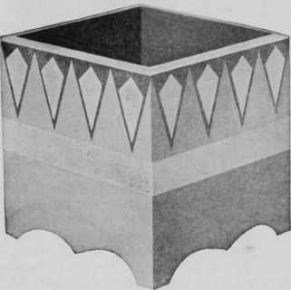 Modernistic design applied to a potted plant holder by the new and very simple method of using masking tape, as illustrated in Fig. 7.