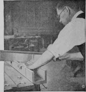 Steps in making a miter box of wood. The work must be done with extreme care, and the cuts should be made with the saw which is to be used with the box.