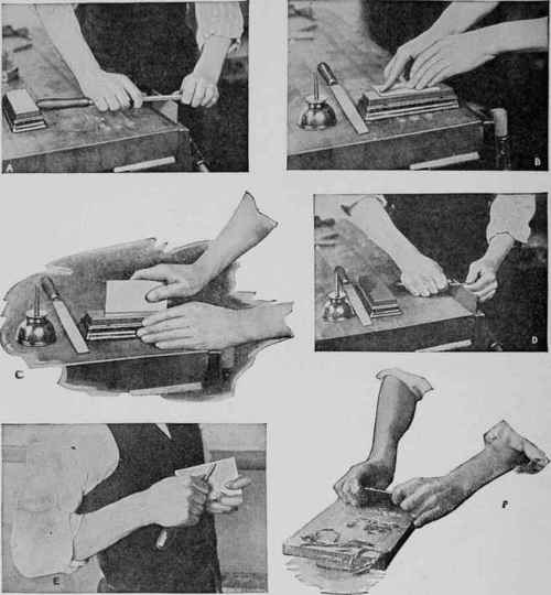 Steps in sharpening a cabinet scraper, first by draw filing, second by rubbing it on an oilstone, and third by burnishing it. How a scraper is held in actual use.