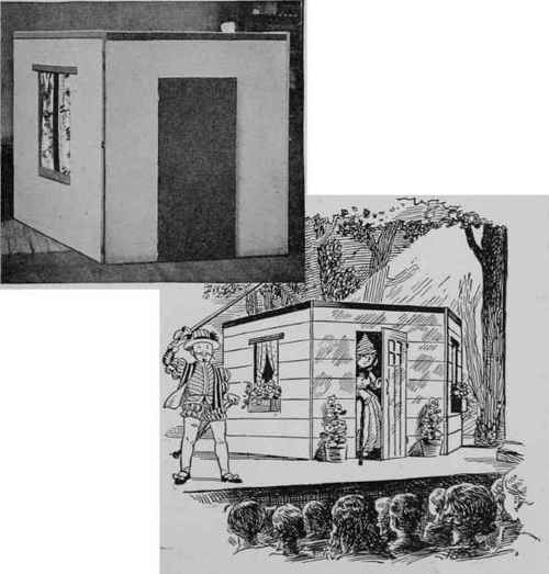 The screen may be used as a playhouse, as it appears above, or as scenery for children's plays, as suggested in the illustration at the right.