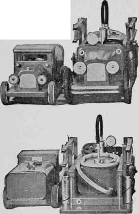 The sprinkler truck and the fire engine as viewed from front and rear.