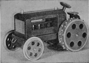 The toy tractor is built entirely of wood with nail studded  bull