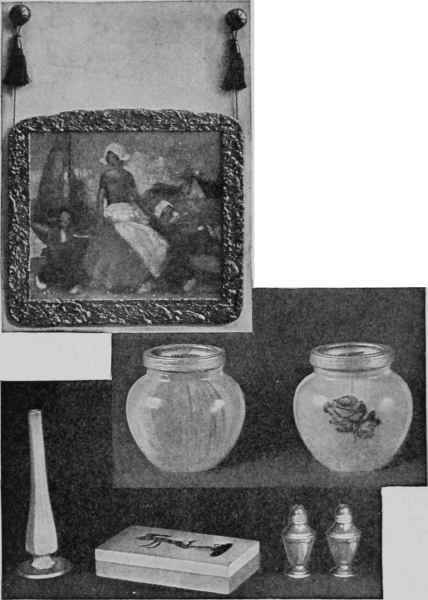 Wall plaque, made from a color print, covered with cheesecloth and shellacked so that it resembles an oil painting. The frame is polychromed gesso. Below :  Pour finished  preserve jars, one with a transfer design, and other articles bought for ten cents each and lacquered in any colors.