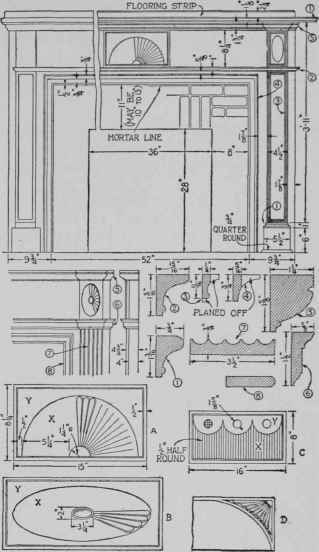 Working drawings of the mantel shown in Fig. 18, a key to Fig. 19, and several alternative designs.
