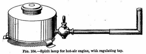 Spirit lamp for hot air engine, with regulating tap