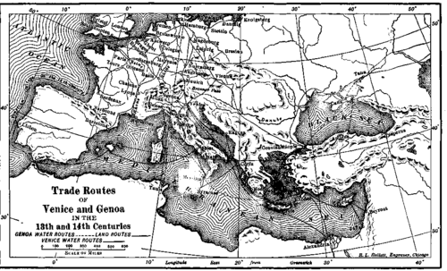 Map: Trade routes of Venice and Genoa