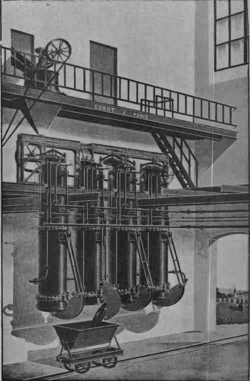 Fig. 21. battery of four diffusion vessels for extraction of sugar.