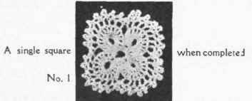 1st row. Commence with 10 chain, join. Into ring work 5 double crochet 10 chain, join into a ring, * work 15 double crochet into the 10 chain, then 5 double crochet into centre ring, 10 chain, and repeat from * three times. Work 1 double crochet into 3rd double crochet of centre ring.