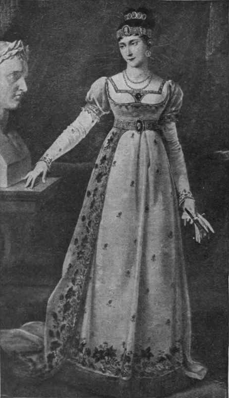 Marie Pauline. Princess Borghese, sister of Napoleon Buonaparte, in a superb toilette a I'empire. Her hair is elaborately adorned with jewelled bandeaux