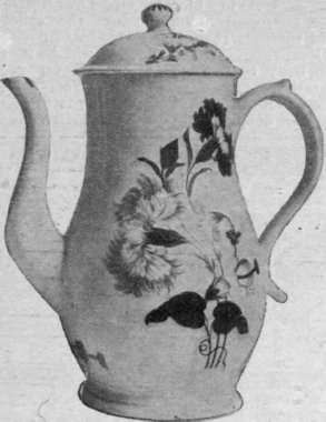 A coffee pot of typical Lowestoft shape, painted in colours.