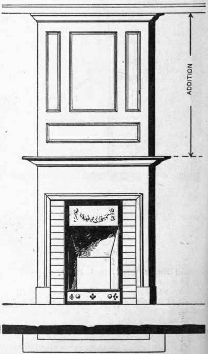 A wooden continuation of the mantelpiece effectively breaks up the monotonous effect of a flat wall and serves as an overmantel