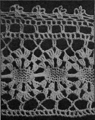 Antimacassar braid and crochet makes an effective edging ing 3 loops together, 2 ch., 1 tr. into centre of the cross treble, 5 ch., 2 double trebles into next space; repeat from *.
