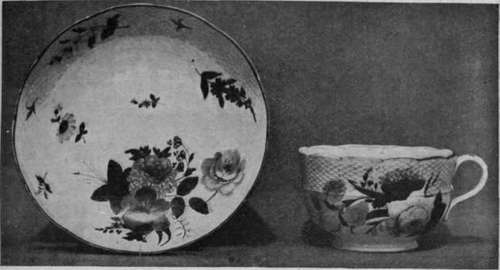 Beautifully painted teacup and saucer, with basket border. Examples of Derby porcelain of the best period