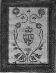 Coronation needlework picture framed in English oak. Heraldry in national colours. Rose, shamrock and thistle in gold cord and grey silk worked on pearl grey satin