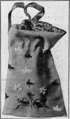 Fawn cloth work bag with embroidered thistle, ribbon work   roses, and shamrock leaves in natural colours