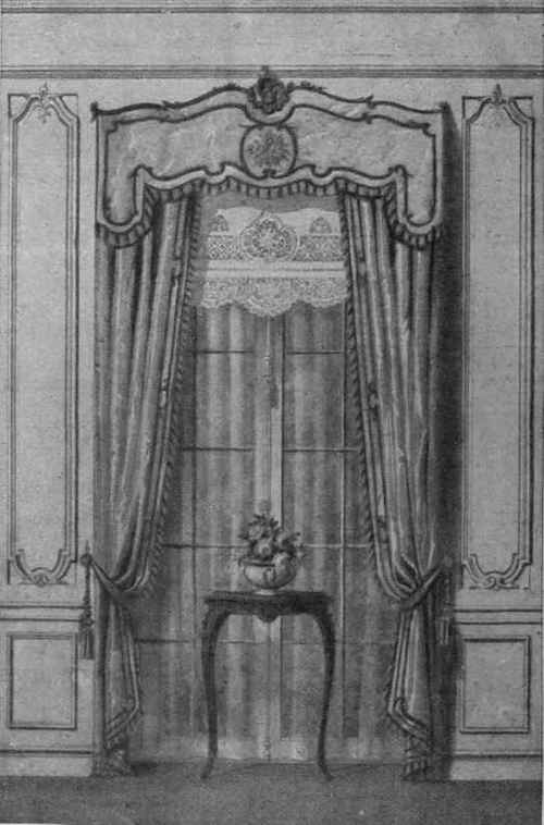 Fig. 1. A suggestion for draping a long window, such as is found in most town houses. This style, with its artistic pelmet, is entirely in keeping with a French style of furnishing