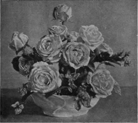 Fig. 2. This illustration shows a low bowl of eau de nil coloured china, filled with blush pink roses and mignonette, which look particularly charming